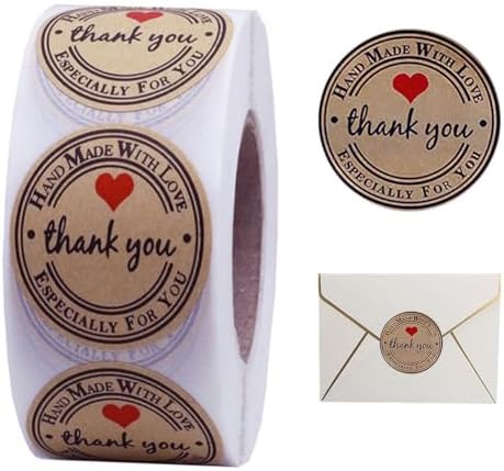 1.5 Inch Handmade with Love Stickers,500Pcs Thank You with Love Heart Sticker Baked Stickers Paper Lables Tags for Baking Packaging,Homemade Gift,Envelope Seals,Party Gift Wrap Bag (Brown01) by Unknown