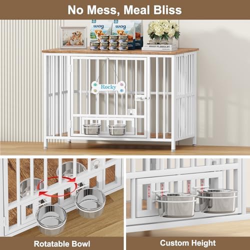 Easycom 41" Dog Crate Furniture Foldable, No Assembly Decorative Dog Kennel Indoor, Dog Crates for Large Dogs(35-60 lb), Wooden Dog Crate with Adjustable Bowls and Name Tag, End Table, White & Beech - Image 3