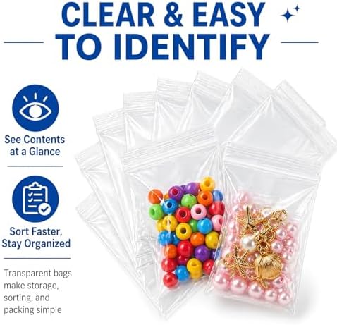 600 Pack Small Plastic Bags, 6 Assorted Sizes (1.5x2, 2x2, 2x3, 3x3, 3x4, 3x5 Inch) Clear 2 Mil Jewelry Bag Clear Plastic, Mini Baggie for Jewelry, Beads, Pills, Crafts & Small Parts - Image 5