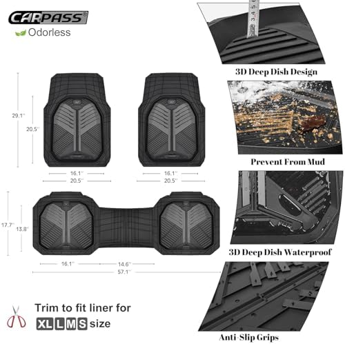 CAR PASS Heavy Duty Rubber Car Mats, Deep-Dish Car Floor Mats All Weather, Universal Two-Tone Trim-to-Fit for SUVs Trucks Sedans, Waterproof Anti-Slip, 3 Pieces V12 Black and Charcoal - Image 6