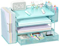 gianotter Wood Desk Organizers and Accessories with File Holder, 4-Tier Desk Accessories & Workspace Organizers with Drawer and 2 Pen Holder, Desk Reference Organizer (Blue, 4T with Metal Drawer) by gianotter