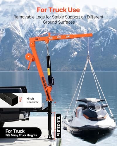 VEVOR Truck Crane, 500 lbs Pickup Hitch Crane Trailer Hitch Mounted with Manual Winch & Hydraulic Jack, 360° Rotating Telescopic Boom, Foldable Truck Bed Jib Hoist for Machine Lumber Equipment Lifting - Image 3