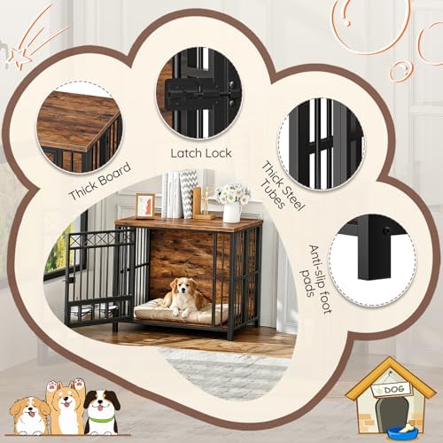 HOOBRO Foldable Dog Crate Furniture with 360° Rotating Double Bowls, Dog Crate End Table, Foldable for Travel, Holds 110 lb, for Small to Medium Dogs, Rustic Brown and Black BF61GW03 - Image 4
