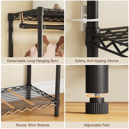 ONBRILL F5 Extra Large Industrial Pipe Clothing Rack, Freestanding Portable Closet Organizer System with Shelves & Hanging Rods, 86.6'' Wide Heavt Duty Clothes Rack, Max Load 1300lbs, Black - Image 6