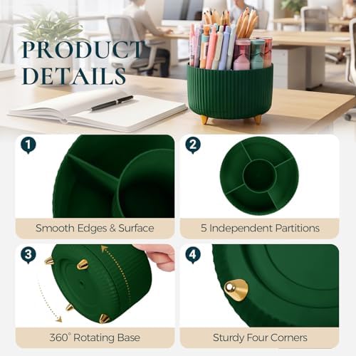 KONVINIT Pencil Pen Holder for Desk, 5 Slots 360-Degree Rotating Desktop Organizer, Cute Desk Organizers and Accessories for School, Home, Office and Art Supply, Dark Green - Image 4