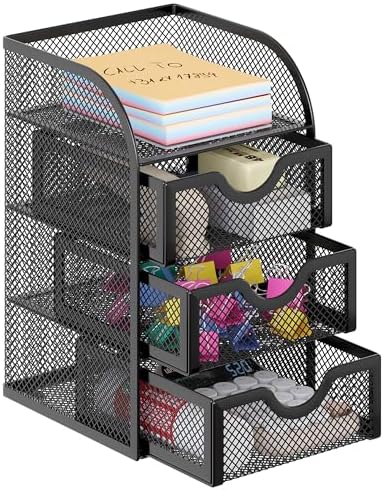 EasyPAG Mesh Desk Organizer with 3 Drawer Office Desktop Organizers and Accessories Stationery Caddy for Office, Home, Students, Black by EasyPAG
