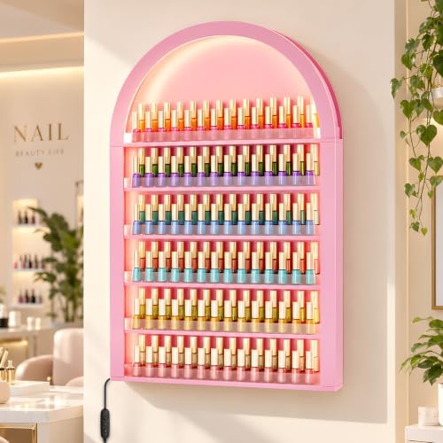 OmySalon Nail Polish & Gel Powder Rack With Led Lighting, Pink Wall Shelf - Image 7