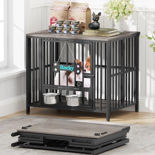 Easycom 27" Foldable Dog Crate Furniture, No Assembly, Oak Grey by EasyCom