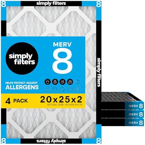 Simply 20x25x2 Air Filter, MERV 8, 4 Pack, Furnace Air Filter for HVAC (Actual Size: 19.5"x24.5"x1.75") DUST, Pet & Allergy Control by SimplyFilters