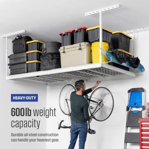 SafeRacks White 4x8 Overhead Storage Rack w/ 5-pc Hook Pack (24”-45" Drop) - Image 5
