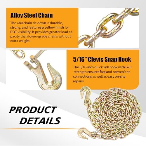 Transport Binder Chain 5/16" x 20 FT, Heavy Duty G80 Tow Chain with Clevis Grab Hooks, 4,900 lbs Working Load Limit, Ideal for Lifting, Logging, Towing, Tie-Down, and Load Binding Applications - Image 2
