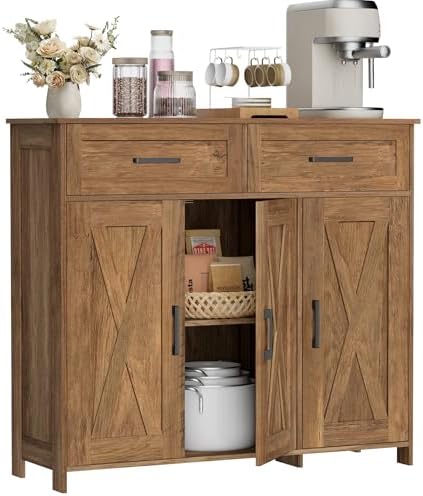 Homhedy Coffee Bar Storage Cabinet with Drawers, Kitchen Buffet Cabinet - Image 3