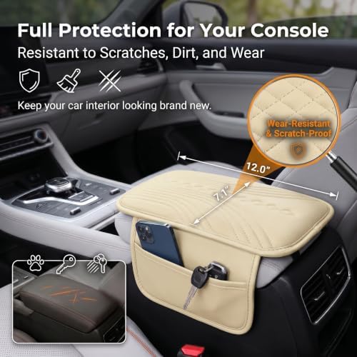 Car Center Console Armrest Pad, Leather Texture Armrest Cover with 2 Storage Pockets, Breathable Wear-Resistant Console Protector Cushion, Universal for Most Cars SUVs Trucks (Beige) - Image 4