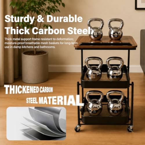 Dracey 3 Tiers Utility Rolling Cart with Lockable Caster Wheels, Metal Tiltable Wood Top Desk, Multifunctional Rolling Storage Cart for Bathroom, for Office Dorm Kitchen Living Room Classroom - Image 3