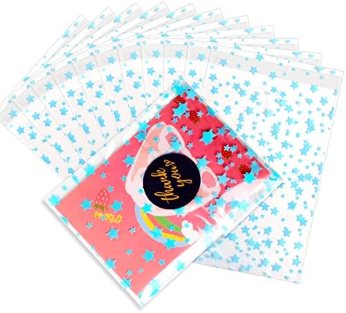 100 Pcs Star Printed Sealable Gift Wrap Cello Cellophane Bags Self sealing Adhensive Treat Bags Party Favor bags (4x6inch, Blue) by COQOFA