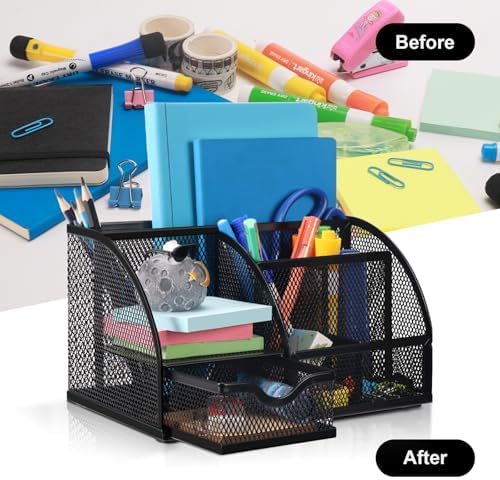 Comix Mesh Pen Pencil Holder Desk Organizer, 7 Compartment Wire Desktop Pen Pencil Cup Caddy Office Supplies for Home Office School, Black - Image 6