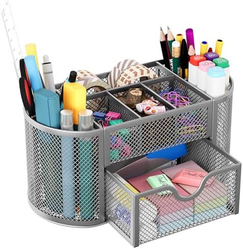 EasyPAG Mesh Pen Holder Desk Organizer with Drawer Stationery Supplies Organizer for Dorm School 9 Compartments Workspace Desk Accessories Organization for Office, Silver by EasyPAG