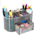 EasyPAG Mesh Pen Holder Desk Organizer with Drawer Stationery Supplies Organizer for Dorm School 9 Compartments Workspace Desk Accessories Organization for Office, Silver by EasyPAG