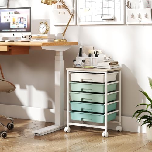 Giantex 5 Drawers Rolling Cart with Wheels, Wood Top, Sturdy Frame - Image 4