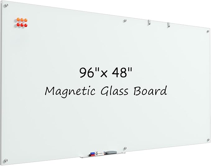 MaxGear Glass White Board 96x48 Inches, Wall Mounted Magnetic Glass Dry Erase by MaxGear