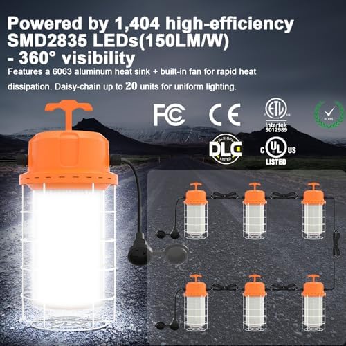 NS LED Temporary Work Light 400W 60000 LM, 5000K Daylight with 16-ft Cord & Hook, Waterproof, Orange - 26-Year Lifespan, 5-Yr Warranty, Chainable up to 20 (1-Pack) Construction JobSite Warehouse - Image 5