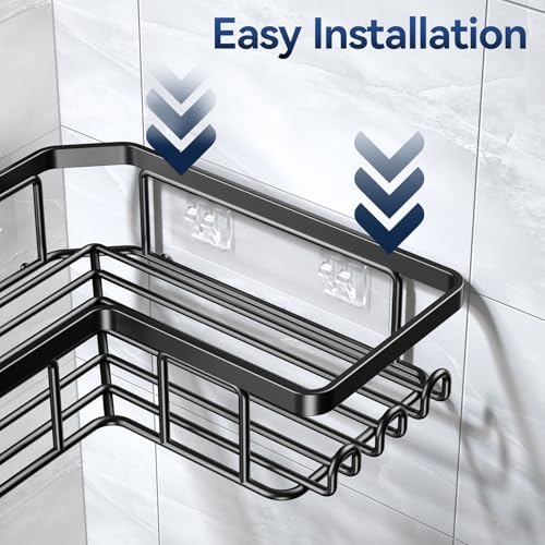 YASONIC Corner Adhesive Shower Caddy, with Soap Holder and 12 Hooks, Rustproof Stainless Steel Bathroom Organizer, No Drilling Wall Mounted Rack, Black, 3-Pack - Image 5