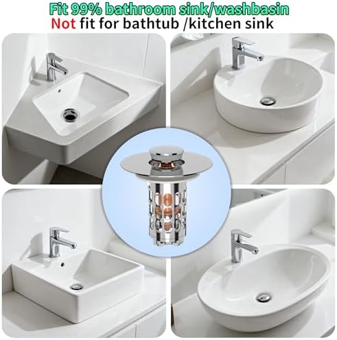 Bathroom Sink Stopper Drain Hair Catcher,3 in 1 Bathroom Sink Drain Strainer with Anti-Clogging Filter Basket,Sink Stopper Bathroom Drain for 1.06"~1.61" Drain Hole 2 PCS(Silver Chrome) - Image 5