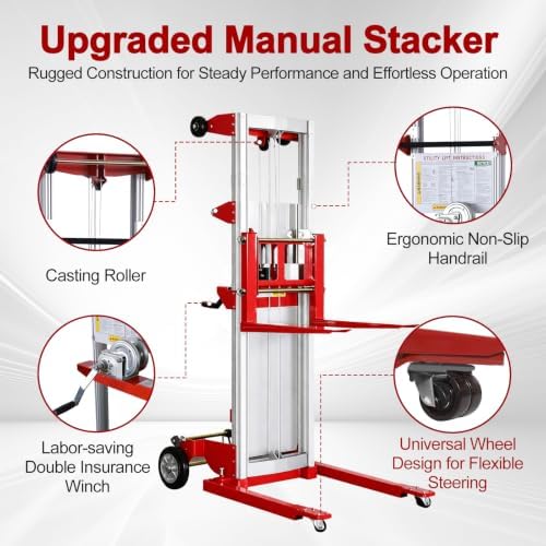 122" Material Lift Winch Stacker, 400 lbs Capacity Manual Material Lifts, Adjustable Straddle Material Lifter, Hand Winch Lift Trucks for Warehouse, Factory, Lightweight, 42.90"L x 43.30"W, Red - Image 4