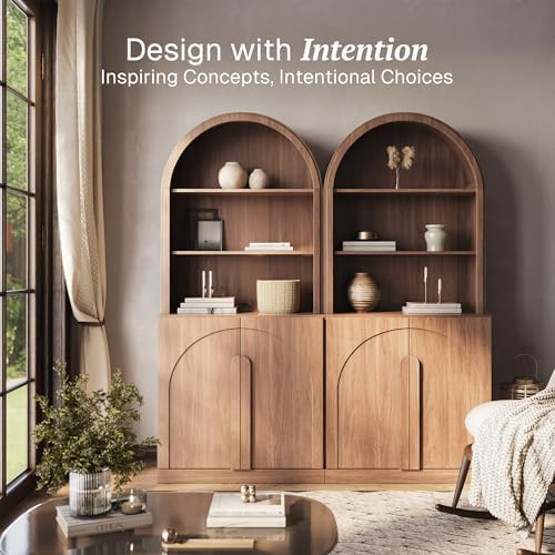 BELLEZE Arched Bookshelf with Storage Set of 2, 71" Tall Wood Curio Display Cabinet with Adjustable Shelf, 5 Tier Modern Bookcase Shelf with Door for Living Room Office, Camel - Image 3