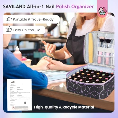 SAVILAND PU Leather Nail Polish Organizer Bag for Nail Tech, Black - Image 2