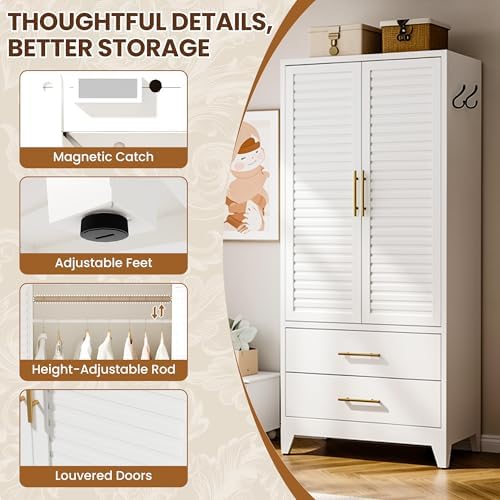 Metal Armoire Wardrobe Closet, 71" Clothing Storage Cabinets with Adjustable Hanging Rod and Shelves , Louvered Doors, 2 Side Hooks & 2 Drawers - Closet Cabinet for Bedroom, Laundry Room, Cloak Room - Image 6