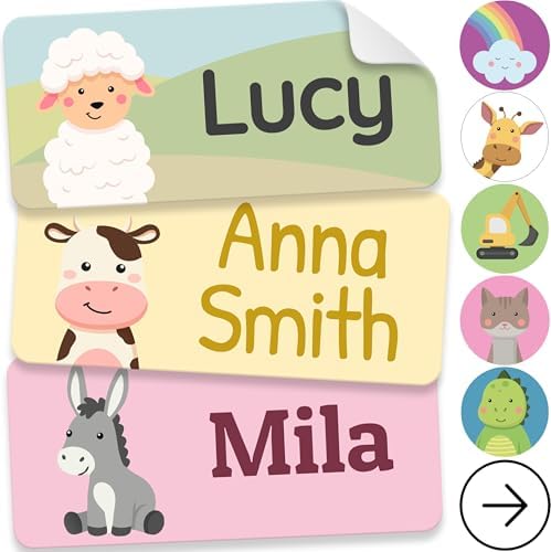 Personalized Name Labels for Kids (210 Labels) - Durable & Waterproof Custom Name Stickers for Clothing Tags, School Supplies, Camp & Daycare - Cozy Farm (1.2”x0.5”) by melukids