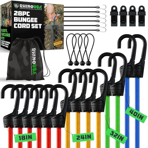 Rhino USA Bungee Cords with Hooks (28-Piece) - Heavy Duty Outdoor Assorted by RhinoUSAInc