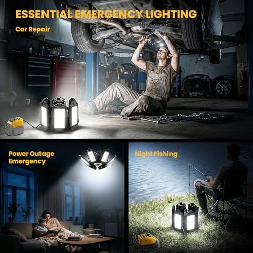 LED Work Light Compatible with Dewalt 20V Battery - 68W 6800LM Ceiling Flood Light 6+1 Deformable Panels Garage Light with Type-C & USB-A, Emergency Camping Light for Shed, Workshop, Job Site - Image 7