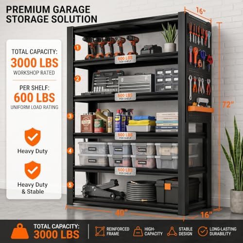 Garage Shelving, 5 Tier Heavy Duty Storage Shelves with Pegboard - Image 3