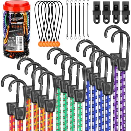 32-Piece Bungee Cords with Hooks - 18" 24" 30" 36" 48" Bungee Cords Heavy Duty Outdoor, 10" Mini Elastic Cord Straps, Canopy Tarp Ball Ties, Tarp Clips, with Storage Bag by HORUSDY