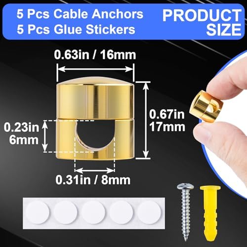 SmallCat 5 Sets Charger Holders for Cords, Gold Adjustable Cable Anchor Holders, Adhesive Metal Cord Clips, Cable Management Wire Organizers for Desk, Office, Nightstand - Image 2
