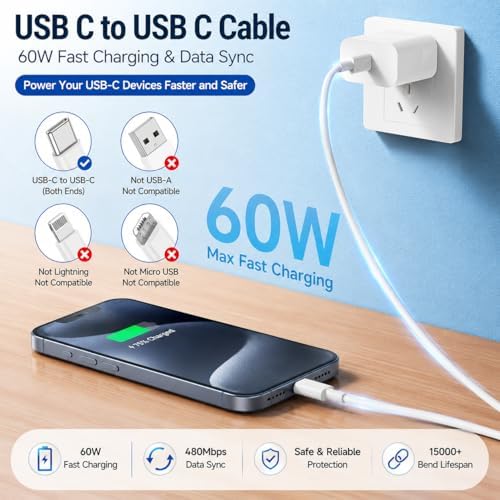 60W USB C to C Cable 3 Pack 3FT Fast Charging for iPhone 17 S26 White - Image 2