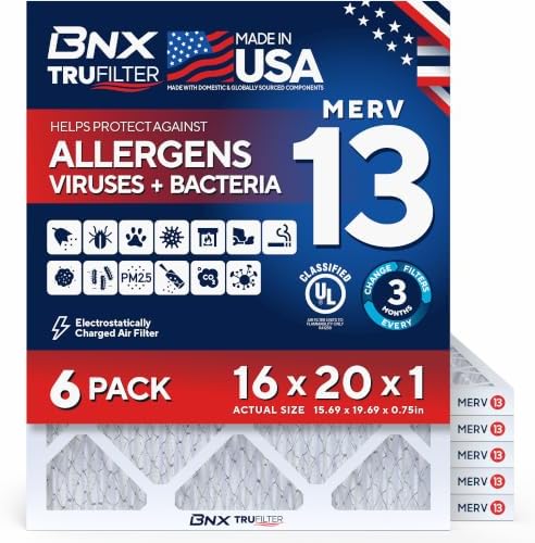 BNX TruFilter 16x20x1 Air Filter MERV 13 AC Filter, HVAC Furnace Filter, 6 Pack (ACTUAL SIZE 15.69"x19.69"x0.75") Allergies, Dust, Pet Dander & Smoke - MADE IN USA - MPR1500 / FPR 10 by BNX