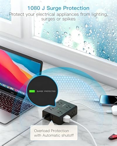 Extension Cord 15 Ft, Flat Plug Surge Protector Power Strip 15 Ft Long Cord - Image 5