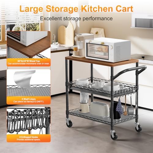 NTE Rolling Kitchen Carts on Wheels, 650Lbs Capacity 3 Tier Utility Cart with Wood Tabletop, Kitchen Storage Cart with 8 Hooks, Metal Serving Cart with Handle and Shelf Liners for Kitchen, Black - Image 4