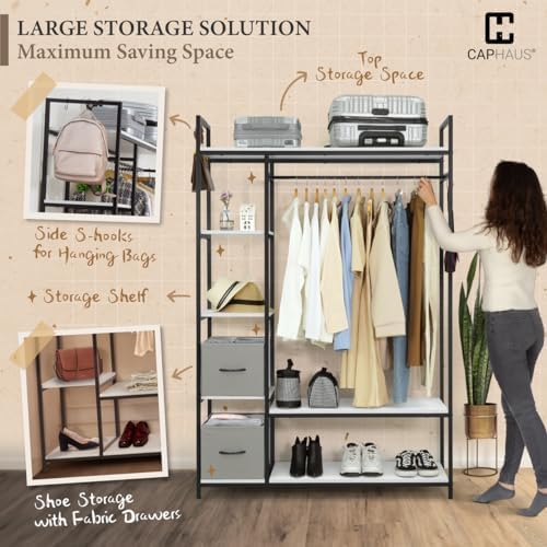 CAPHAUS 979lbs Capacity Garment Rack for Hanging Clothes, Heavy Duty Open Wardrobe w/Hanging Rods & Fabric Drawers, Free Standing Closet Organizer, Metal Closet Rack w/White Wooden Shelves - Image 4