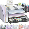 gianotter Desk Organizers and Accessories with File Holder, 4-Tier Desk Accessories & Workspace Organizers with Drawer and 2 Pen Holder, Paper Organizer for Office Supplies (Black) by gianotter