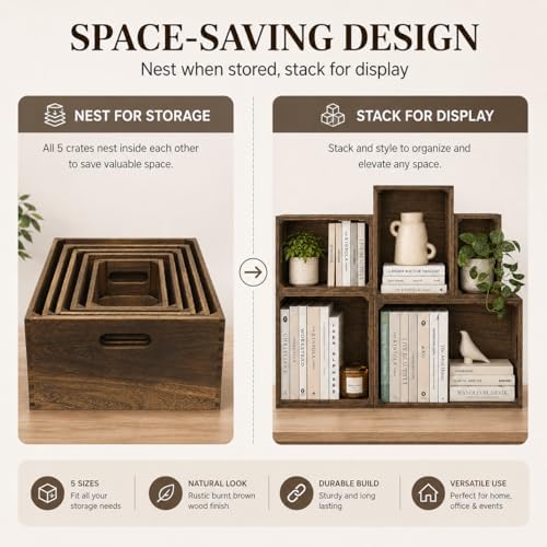 5 Pack Wooden Crates for Display Nesting Wood Crate for Storage with Handle - Image 4