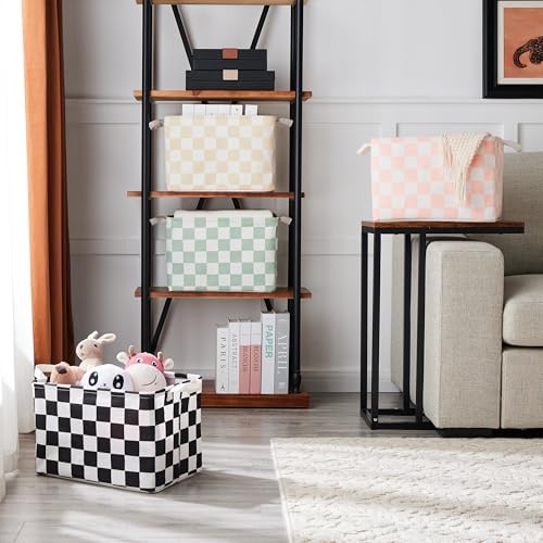 Ohocut Beige White Checkered Canvas Basket, Rectangular Organizing Decorative Storage Basket for Kids Dog Toy, Cute Aesthetic Race Cars Boy Room Decor for Home, Kitchen, Bedroom, Classroom, Shelves - Image 4