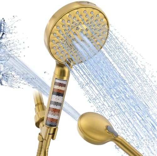 SR SUN RISE Filtered Shower Head with Handheld High Pressure 9 Spray Mode Showerhead Detachable Shower Head Water Softener Filters Beads for Hard Water Remove Chlorine 1 Filter Gold by SRSUNRISE
