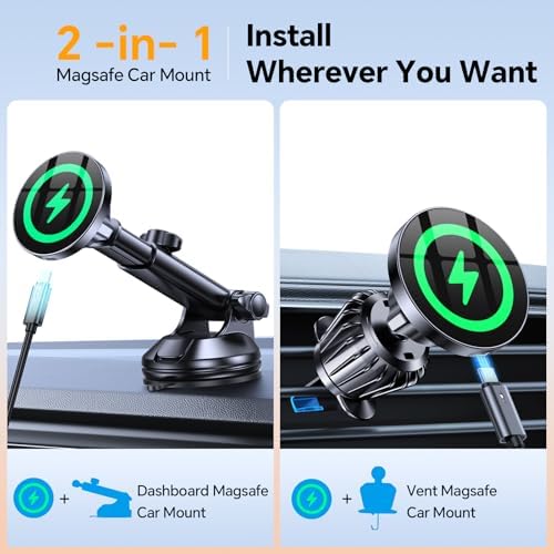 Coolpow for MagSafe Car Mount Charger【Ultra Magnet】Magnetic Phone Holders for Your Car Charger Magnetic Wireless Car Phone Holder Charger Car Accessories for Women Cell Phone Mount for iPhone 17 16 15 - Image 2