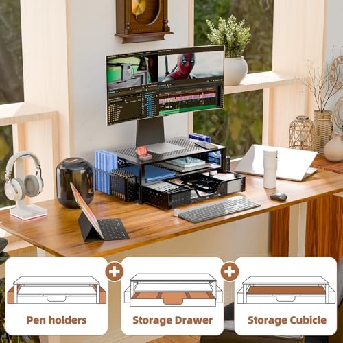 Simple Trending Monitor Stand with Drawer, 2-Tier Laptop Stand, Black - Image 3