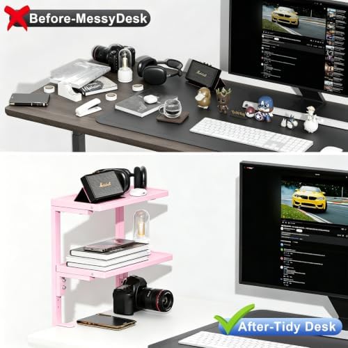 Spacrea Clamp on Desk Shelf, 2 Tier Office Desk Shelves Organizer, Wood Desktop Supplies Storage Rack, Desk Organizers and Accessories (Pink) - Image 4