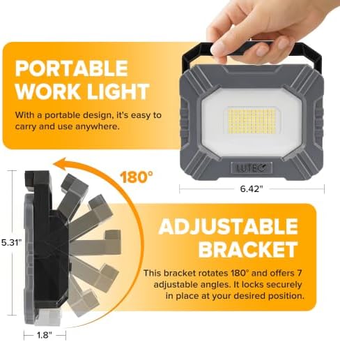 LUTEC 3500LM LED Work Light, Rechargeable Magnetic Work Lights with Stand, Portable 5000K Flood Light for Car Repair, Fishing, Camping, Emergency, Hiking, 3 Modes - Image 3